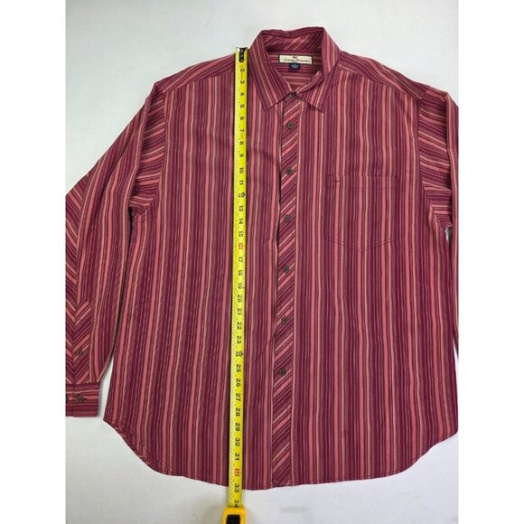 Tommy Bahama Size Large Mens Maroon Salmon Tan Stripe Logo Tag Silk L/S Shirt - Picture 9 of 10